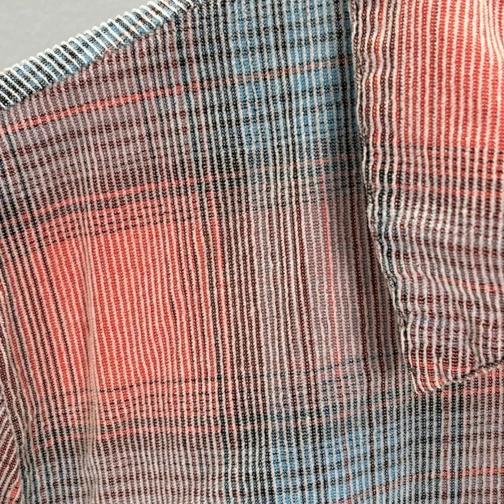 We‎ The Free Faded Plaid Corduroy Button Up Shirt Coral Blue Frayed Hem Peplum M